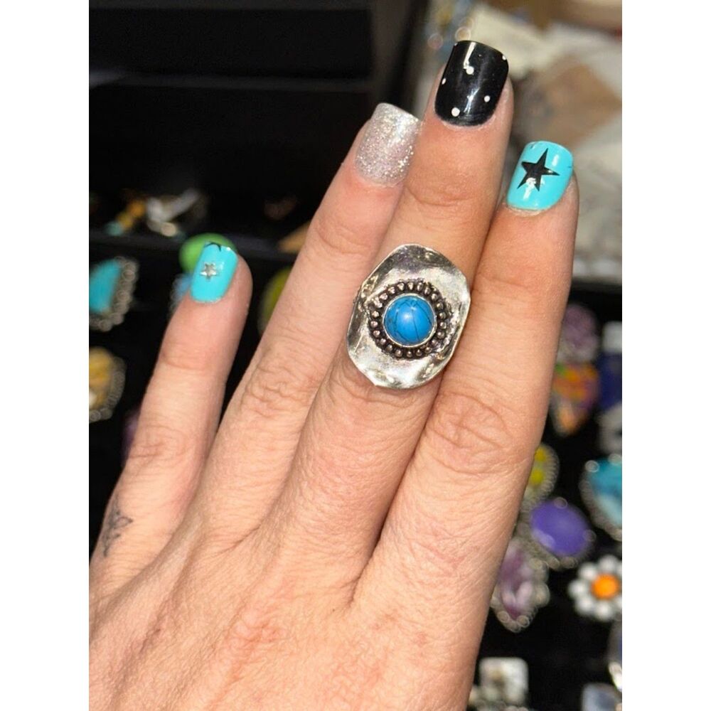 Turquoise Cowboy Hat Sterling Silver Overlay Ring Size 7